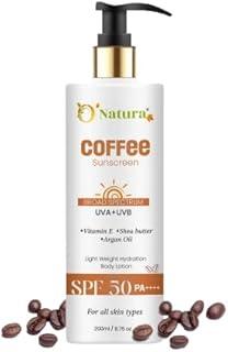 ONATURA Coffee Sunscreen SPF 50 PA++++ | Broad Spectrum UVA+UVB | Vitamin E, Shea Butter & Argan Oil | Lightweight Hydration Body Lotion | 200ml | For All Skin Types