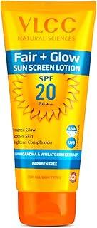 VLCC Fair + Glow Sun Screen Lotion Spf 20 PA++ - 50ml | Brightening Formula Sunscreen | Zero White Cast SPF | Non-Greasy Sunscreen | With Ashwagandha, Carrot & Wheatgerm Extracts.