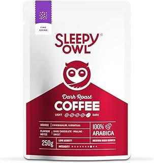 Sleepy Owl Dark Roast Ground Coffee | Fine Grind Coffee | Suitable for Moka Pot, Home Espresso brewing | 100% Arabica | Freshly Roasted & Ground | 250g | Directly Sourced From Chikmagalur