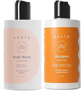 Arata Natural Oil Control Bath Essentials for Women & Men with Cleansing Shampoo (300 ML) & Body Wash (300 ML) || All Natural,Vegan & Cruelty Free || Plant Based ,Non Toxic Bath & Intensive Nourishment