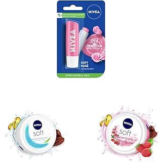 NIVEA Lip Balm, Soft Rose, 4.8g & NIVEA Soft Light Moisturizer Cream, with Vitamin E & Jojoba Oil for Face, 200 ml & NIVEA Soft Berry Blossom, Light Moisturizer for Face, 200 ml