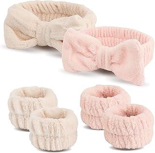 PiyuBind Spa Headband and Wristband Set, Face Wash Headband Makeup Skincare Headband Wrist Bands Washing Face for Preppy Skincare Women Girl (Cream,Pink)