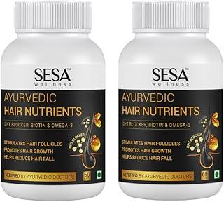 SESA Ayurvedic Hair Vitamins Biotin Tablets DHT Blocker 60 Capsules (Pack of 2) Plant based Gluten free Nutrients With Omega-3 & Flaxseeds | Controls Hair Fall & Stimulates Follicles | 100% Veg