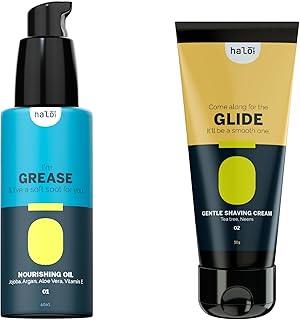 Halo Care Pre Shave Superstars - Grease Nourishing Pre Shave Oil 60mL & Natural Neem Tea Tree Shaving Cream for Men - Coconut, Argan, Jojoba, Aloe - Smooth Razor Glide, Mocha Coffee Fragrance, Sensitive Skin