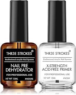 THR3E STROKES Professional Natural Nail Prep Dehydrate and Acid-Free Primer, Dehydrator for Acrylic and Gel Nail Polish, Non Acid Primer for UV Gels Fast Dry Superior Bonding Agent Gift Box Set