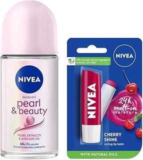 NIVEA Lip Balm, Fruity Cherry Shine, 4.8g & NIVEA Deodorant Roll On, Pearl & Beauty For Women 50ml