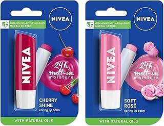 NIVEA Lip Balm, Fruity Cherry Shine, 4.8g And NIVEA Lip Balm, Soft Rose, 4.8g