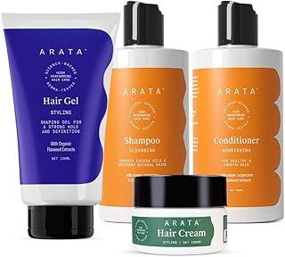 Arata Natural Hair Care Essentials For Women & Men With Cleansing Shampoo (300 ML), Conditioner (300 ML), Hair Gel (150 ML) & Hair Cream (100 ML) | All-Natural, Vegan & Cruelty-Free | Plant-Based, Non-Toxic Hair Cleansing & Styling