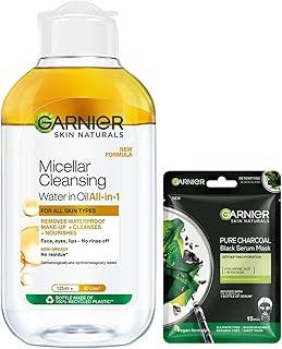 Garnier Skin Naturals, Cleansing Water for Waterproof Makeup, 125ml & Garnier Skin Naturals, Face Mask, Hydrating & Detoxifying, Black Serum Mask Pure Charcoal, 1 pc, 28gg