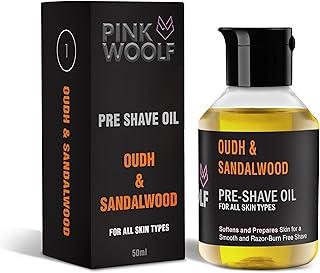 Pink Woolf Pre Shave Oil for Men (OUDH & SANDALWOOD) | Softens Beard & Prepares Skin for a Smooth, Razor Burn-Free Shave | Shaving Kit Essential | All Skin Types – 50ml