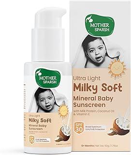 Mother Sparsh Milky Mineral Baby Sunscreen-50g | Ultra Light Sunscreen Lotion for Babies with SPF 30, Broad Spectrum UVA/UVB Protection | Sunscreen Baby Lotion With Milk Protein, Coconut Oil & Vit. E