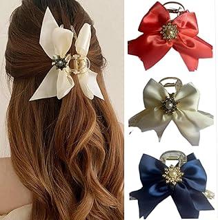 MISS LIRENN® Decorative Elegant Satin Bow Hair Claw with Pearl Crystal Brooch, 03 PCS, Colors- White, Blue, Saffron (Multicolor1)