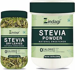 Zindagi Stevia White Powder 200gm - Natural Stevia Leaves 35GM - Sugarfree Stevia Sweetener - Natural Sugar subsitute (Combo Pack)