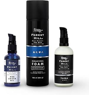Forest Hill Set of 3 Luxury Men Grooming Shaving Kit, Aqua Shaving Foam 266 ml, Taiga Alcohol Free After Shave Balm 100ml, Pre Shave Oil 50ml, Soften Hair, Hydrate & Protect Skin, Suitable For All Skin Types