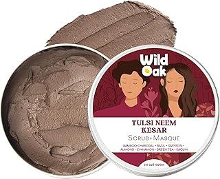 WildOak Tulsi, Neem, Kesar & Multani Mitti Face Scrub & Mask | Anti-Acne & De-Tan | Fights Aging & Hyperpigmentation | Opens Pores & Exfoliates | Detoxifying Face Pack with Powerful Herbs | 100g