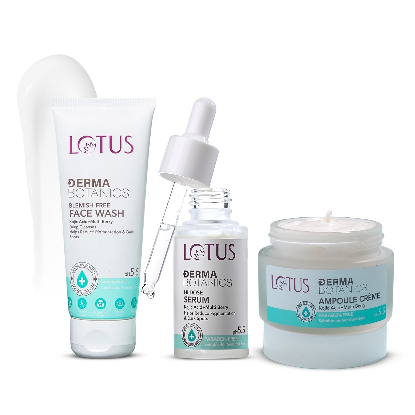 DermaBotanics Kojic Facewash+Multi Berry Hi-Dose Serum+Ampoule Crème