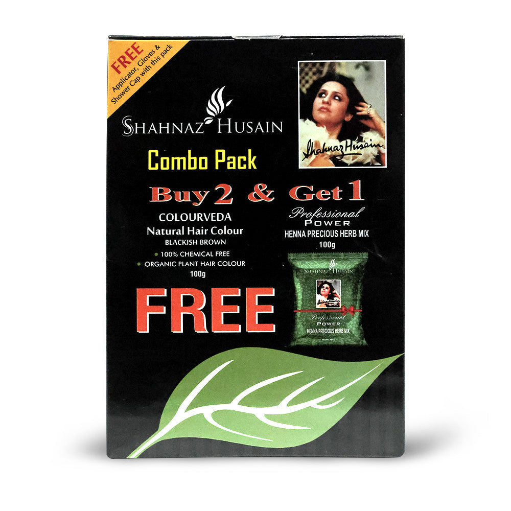 Shahnaz Husain Colourveda Natural Hair Colour - BLACKISH BROWN – Combo Pack 200 gm + Free Shahnaz Husain Professional Power Henna Precious Herb Mix 100gm