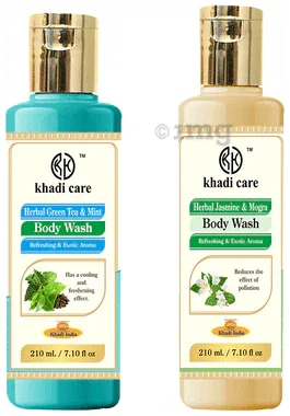 Khadi Care Combo Pack of Herbal Green Tea and Mint & Herbal Jamsmine and Mogra Body Wash (210ml Each) combo pack of 2 bottles