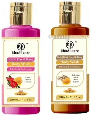 Khadi Care Combo Pack of Herbal Rose and Honey & Herbal Woody Sandal and Honey Body Wash (210ml Each) combo pack of 2 bottles