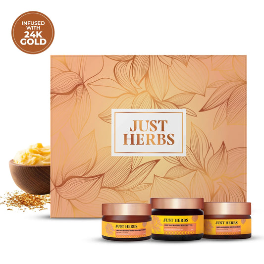 Just Herbs Golden Nourish Gift Set | Gifts for Her | 24K Gold & Pure Ghee Ritual - Set of 3