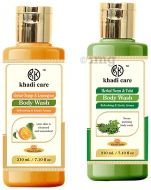 Khadi Care Combo Pack of Herbal Orange and Lemongrass & Herbal Neem and Tulsi Body Wash (210ml Each) combo pack of 2 bottles