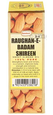 Hamdard Roghan Badam Shirin Pure Almond Oil | Eases Constipation & Supports Skin, Hair & Brain Health bottle of 25 ml oil