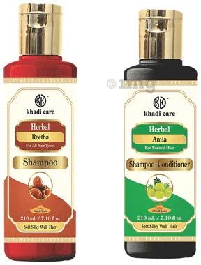 Khadi Care Combo Pack of Reetha Shampoo & Amla Shampoo + Conditioner (210ml Each) combo pack of 2 bottles