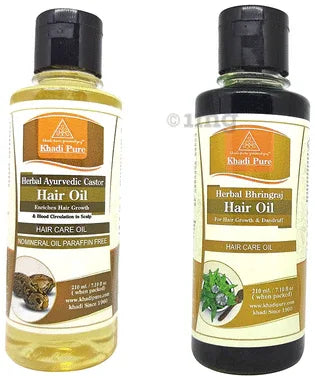 Khadi Pure Combo Pack of Herbal Bhringraj Hair Oil & Herbal Ayurvedic Castor Hair Oil (210ml Each) combo pack of 2 bottles