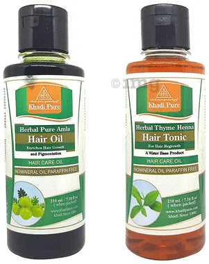 Khadi Pure Combo Pack of Herbal Pure Amla Hair Oil & Herbal Thyme Heena Hair Tonic (210ml Each) combo pack of 2 bottles