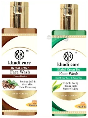 Khadi Care Combo Pack of Green Tea and Coffee Face Wash (210ml Each) combo pack of 2 bottles