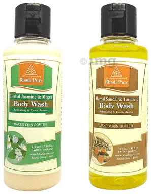 Khadi Pure Combo Pack of Herbal Jasmine & Mogra Body Wash & Herbal Sandal & Turmeric Body Wash (210ml Each) combo pack of 2 bottles