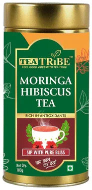 Tea Tribe Moringa Hibiscus Tea jar of 100 gm leaves