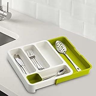 Surfexa Expandable 3-in-1 Utility Cabinet Drawer Dividers Organizer Tray Holder for Kitchen Cutlery, Bathroom Accessories, Office Supplies and Cosmetics(Green and White) (Drawer-Cutlery-Tray)