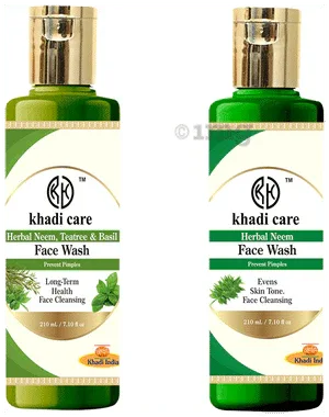 Khadi Care Combo Pack of Herbal Neem, Teatree and Basil & Herbal Neem Face Wash (210ml Each) combo pack of 2 bottles