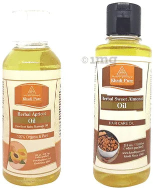 Khadi Pure Combo Pack of Herbal Apricot Oil (100ml) & Herbal Sweet Almond Oil (210ml) combo pack of 2 bottles