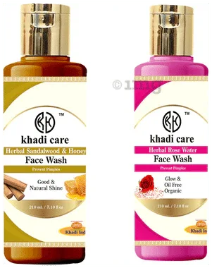 Khadi Care Combo Pack of Sandalwood and Honey & Rose Water Face Wash (210ml Each) Face Wash combo pack of 2 face wash