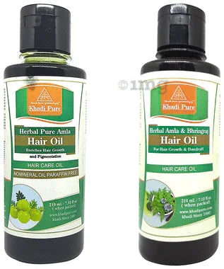 Khadi Pure Combo Pack of Herbal Amla & Bhringraj Hair Oil & Herbal Pure Amla Hair Oil (210ml Each) combo pack of 2 bottles