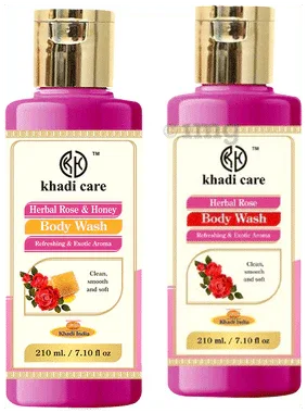 Khadi Care Combo Pack of Herbal Rose and Honey & Herbal Rose Body Wash (210ml Each) combo pack of 2 bottles