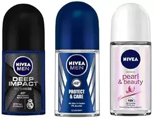 NIVEA Deodorant Roll-On Combo, Deep Impact, Men Protect & care, Pearl & Beauty, 50 Ml Each