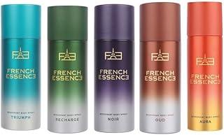 FRENCH ESSENCE Deodorant for men and women | Man Deo | Body Spray for men,Long Lasting Fragrance, Fresh Scent combo Deodorants (Pack of 5 (Aura,Noir, Oud, Recharge,Triumph))