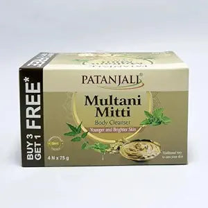 Patanjali Multani Mitti Soap (Body Cleanser), Pack of 3+1 Free, Total 4 Soaps, 75g each