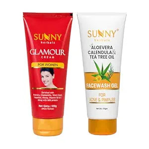 Sunny Herbals Tea Tree Oil Face Wash (110 gm) & Women's Glamour Cream (100 gm) Combo, Unbl