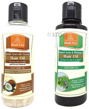 Khadi Pure Combo Pack of Herbal Amla & Bhringraj Hair Oil & Herbal Ayurvedic Coconut Hair Oil (210ml Each) combo pack of 2 bottles