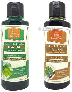 Khadi Pure Combo Pack of Herbal Amla & Brahmi Hair Oil & Herbal Bhringraj Hair Oil No Mineral Oil & Paraffin Free (210ml Each) combo pack of 2 bottles