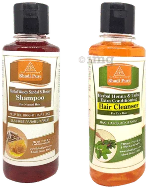 Khadi Pure Combo Pack of Herbal Heena & Tulsi Extra Conditioning Hair Cleanser & Herbal Woody Sandal & Honey Shampoo SLS Free & Paraben Free (210ml Each) combo pack of 2 bottles