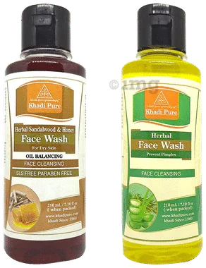 Khadi Pure Combo Pack of Herbal Face Wash & Herbal Sandalwood & Honey Face Wash (210ml Each) SLS & Paraben Free combo pack of 2 bottles