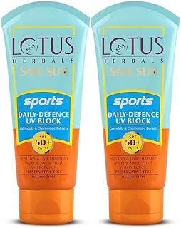 Lotus Herbals Safe Sun Sports Daily-defence Uv Block SPF 50 PA+++|All skin types| Water resistant & sweat resistant, Anti pollution, paraben free| 80 gm (Pack Of 2)