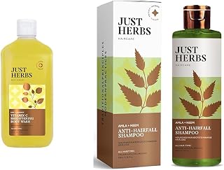 Just Herbs Vitamin C Skin Brightening Exfoliating Lime + Liquorice Body Wash 300ml and 8 In 1 Root Nourishing Amla - Neem