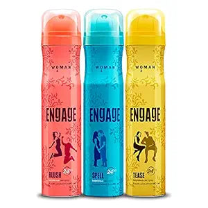 Engage Combo Pack Deo Spray for Women (Blush, Spell and Tease), Skin Friendly, (Pack of 3;