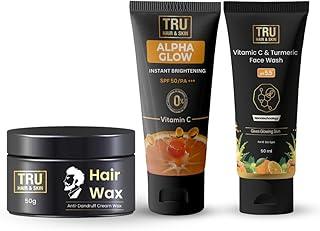 TRU HAIR & SKIN Nanotechnology Facewash with Kojic Acid, Vitmain C and Turmeric- 50ml + Alpha Glow Instant Brightening with SPF 50-25ml + Hair wax cream- 50gm